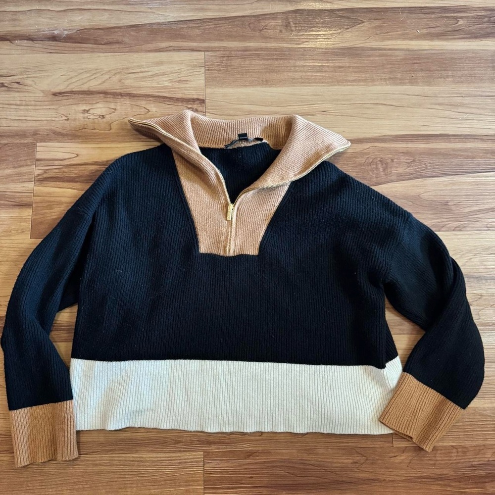 ANDREW MARC | L | Black, Cream and Tan Colorblock 1/4 Zip Knit Sweater